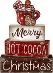 DIYDEC 4Pcs Christmas Wooden Tabletop Decoration Hot Cocoa Wooden Block Signs Gift Rustic Xmas Tiered Tray Decor Merry Christmas Centerpiece Sign Farmhouse Winter Table Home Party Decor