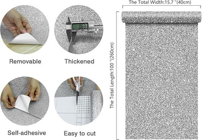 CHIHUT Sparkle Silver Glitter Wallpaper Peel and Stick Silver Glitter Contact Paper for Cabinets Walls Self Adhesive Removable Fabric Wallpaper Decorative Wall Paper for DIY Drawers 15.7''x100''