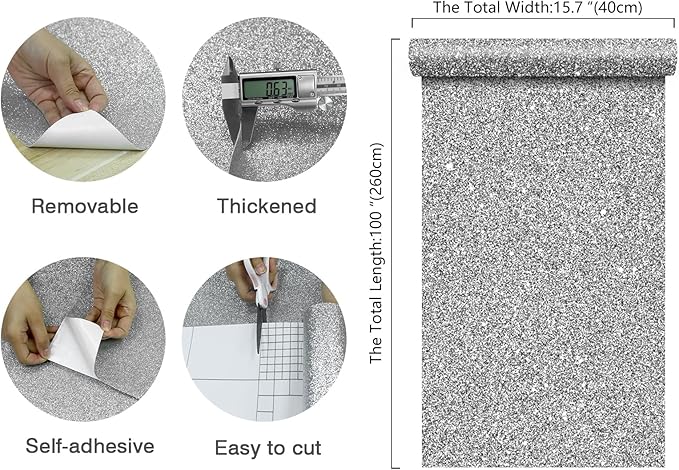 CHIHUT Sparkle Silver Glitter Wallpaper Peel and Stick Silver Glitter Contact Paper for Cabinets Walls Self Adhesive Removable Fabric Wallpaper Decorative Wall Paper for DIY Drawers 15.7''x100''