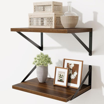 Deep Floating Shelves,16" Wx10 D Floating Shelves for Wall Set of 2,Heavy Duty Wood Floating Shelf with Metal Bracket,Wall Mounted Hanging Shelf for Living Room Bedroom Bathroom Kitchen,Walnut