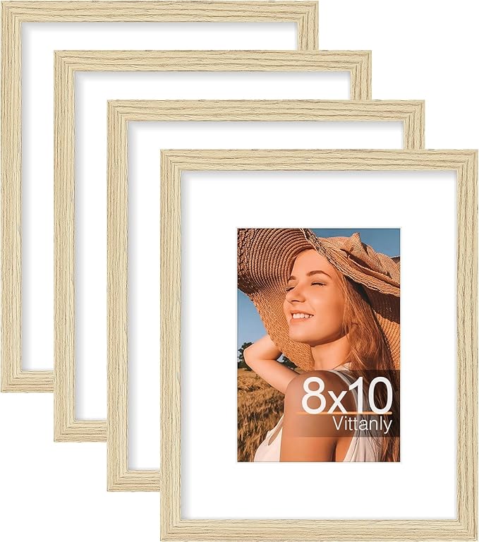 Vittanly 8x10 Picture Frame Set of 4, Display Pictures 5x7 with Mat or 8x10 without Mat, Engineered Wood with Shatter Resistant Plexiglass, Wall Gallery Photo Frames for Wall or Tabletop, Natural