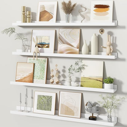 Fun Memories Picture Ledge Shelves Set of 4, 36 Inch Rustic Wall Mounted Floating Shelves with Lip for Home Storage and Décor in Bathroom, Kitchen, Nursery, Bedroom, Living Room, White
