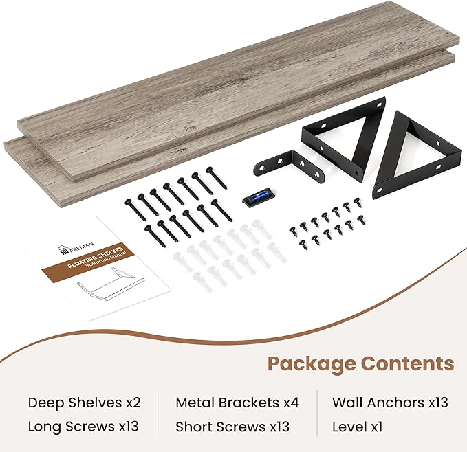 Axeman 48 Inch Floating Shelves | 8 Inch Deep Grey Wall Shelves Set of 2 | 47.3" W x 8" D Rustic Grey Wood Shelves for Bathroom Kitchen Living Room