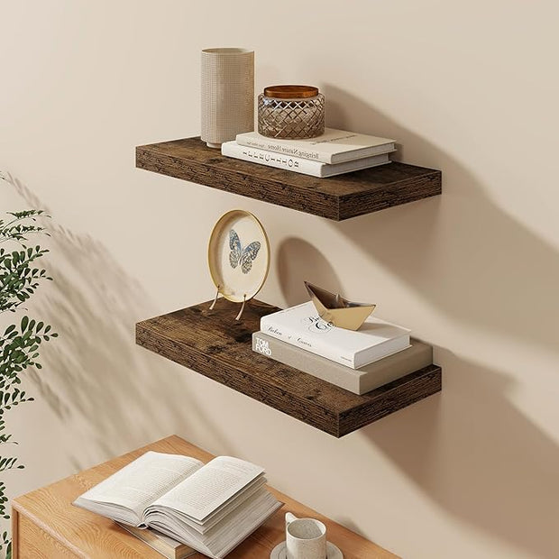 Fun Memories Floating Shelves 24 Inch Long, 9.3 Inch Deep Floating Shelf for Lving Room, Bedoom, Kitchen, Deep Wall Shelves for Bathroom, 2 Pack Storage Display Shelf for Books, Decors, Rustic Brown