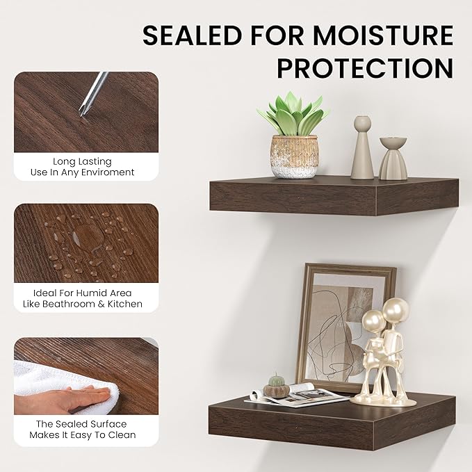 Square Floating Shelves for Wall, 10" W x 10" D x 1.4" H, Small Wooden Wall Mounted Display Shelves with Invisible Brackets for Living Room, Bedroom, Bathroom, Kitchen Decor, Set of 4, Walnut