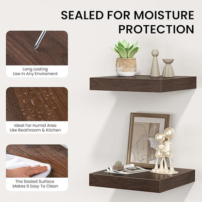 Square Floating Shelves for Wall, 7.5" W x 7.5" D x 1.4" H, Small Wooden Wall Mounted Display Shelf with Invisible Brackets for Living Room, Bathroom, Kitchen Decor, Set of 4, Walnut