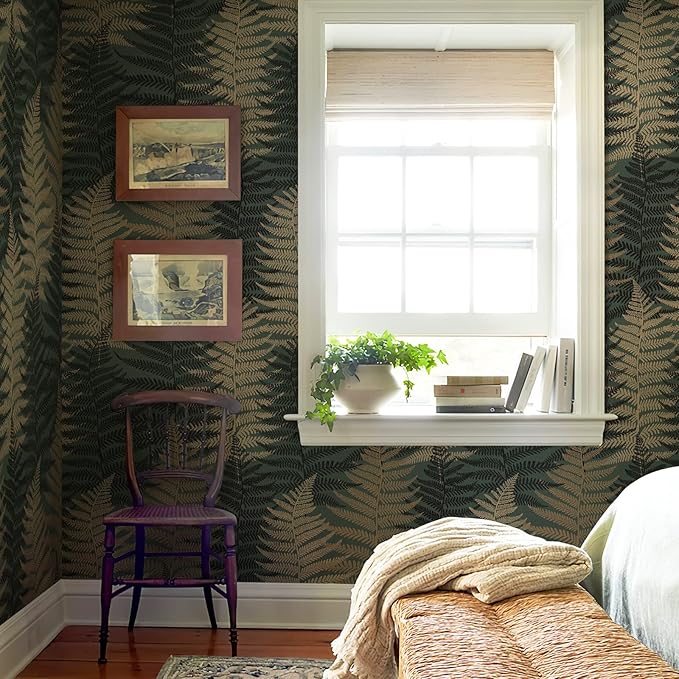 JiffDiff Botanical Fern Peel and Stick Wallpaper Green Grunge Leaf Removable Wallpaper Botanical Greenery Self Adhesive 17.73" x 393.7" Covering 47.36 sq.ft