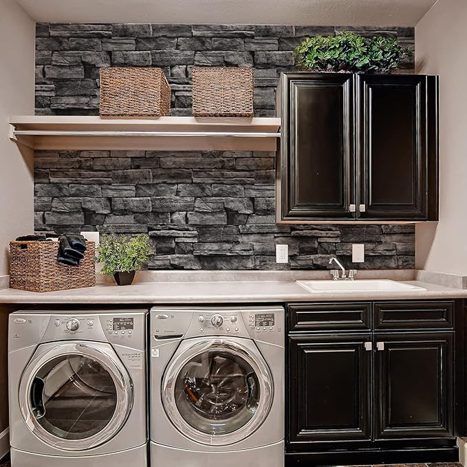 Jeweluck Grey Brick Wallpaper Peel and Stick Wallpaper 17.7”×393.7” Faux Stone Wall Paper Peel and Stick Brick Contact Paper for Kitchen Stone Self Adhesive Removable Decorative for Walls Vinyl