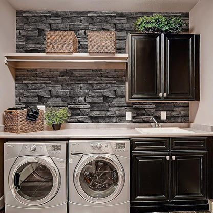 Jeweluck Grey Brick Wallpaper Peel and Stick Wallpaper 17.7”×393.7” Faux Stone Wall Paper Peel and Stick Brick Contact Paper for Kitchen Stone Self Adhesive Removable Decorative for Walls Vinyl