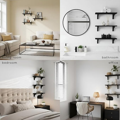 Real Wood Black Shelves for Wall - 17 inch (3 Pack) - Easy to Install, Template and Video Included - Black Wall Shelf, Mounted Wall Shelves, Bedroom Shelves