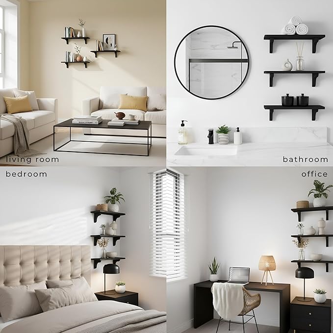 Real Wood Black Shelves for Wall - 17 inch (3 Pack) - Easy to Install, Template and Video Included - Black Wall Shelf, Mounted Wall Shelves, Bedroom Shelves