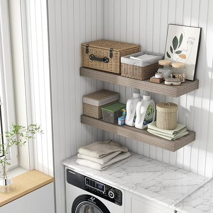 Deep Floating Shelves | 36 Inch Grey Floating Shelves Set of 2 | 12 Inch Deep Rustic Wood Shelves for Wall | 36" W x 12" D Grey Shelves for Living Room Bathroom Laundry Room Kitchen
