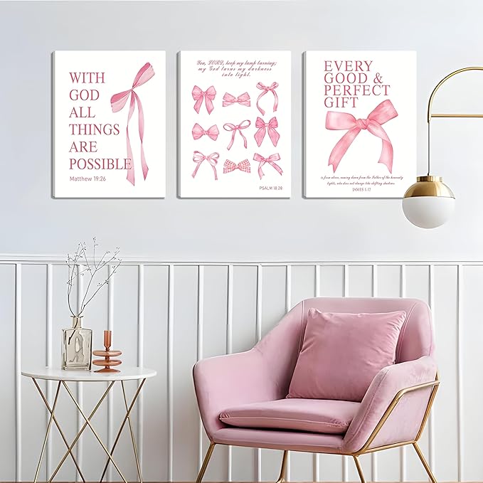 Pink Bow Canvas Wall Art Set of 3, Pink Coquette Dorm Room Wall Decor Paintings, Inspirational Scripture Verses Bows Posters Prints Pictures for Girls Dorm Room Bathroom Bedroom 16x24 Inch Framed