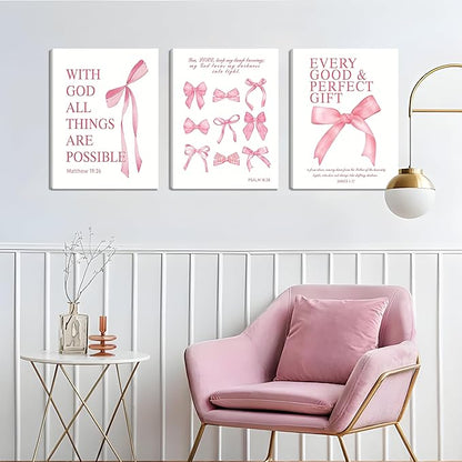 Pink Bow Canvas Wall Art Set of 3, Pink Coquette Dorm Room Wall Decor Paintings, Inspirational Scripture Verses Bows Posters Prints Pictures for Girls Dorm Room Bathroom Bedroom 16x24 Inch Framed