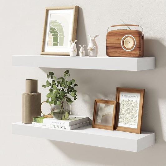 24 Inch Floating Shelves | 6.5 Inch Deep White Floating Shelves Set of 2 | 24" W x 6.5" D Rustic White Wood Wall Shelves with Invisible Brackets for Bathroom Living Room Bedroom
