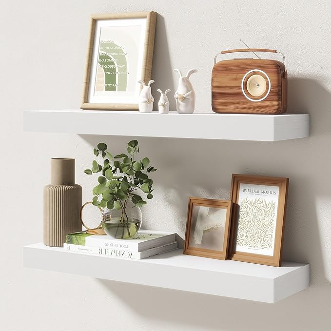 24 Inch Floating Shelves | 6.5 Inch Deep White Floating Shelves Set of 2 | 24" W x 6.5" D Rustic White Wood Wall Shelves with Invisible Brackets for Bathroom Living Room Bedroom