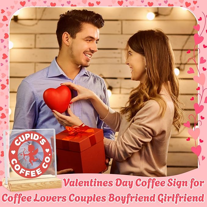 Valentines Coffee Desk Decor, Valentine's Day Gifts for Lover Bar Station, Valentine Home Office Table Sign for Kitchen Shelf Tiered Tray, Cafe Tabletop Decoration to Couples, Cupids Coffee Co