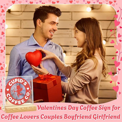 Valentines Coffee Desk Decor, Valentine's Day Gifts for Lover Bar Station, Valentine Home Office Table Sign for Kitchen Shelf Tiered Tray, Cafe Tabletop Decoration to Couples, Cupids Coffee Co