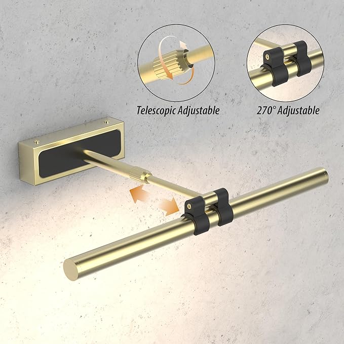 Brass Picture Light for Wall - 16inch Dimmable & Rechargeable Art Light with Extendable Arm, 25H Light Time, Angle Adjustable, 3 Color Temperatures Timer - Perfect for Paintings and Home Decor
