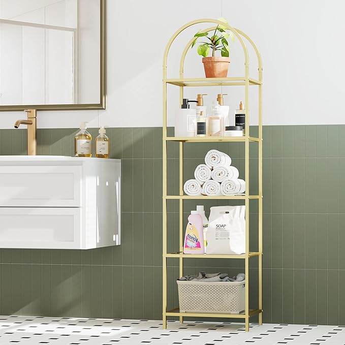 Homhedy Bookshelf Arched Display Racks,Metal Bookcase,Tempered Glass Shelves,Storage Rack Shelf for Home Office,Living Room,Bedroom, Bathroom,Modern Style (Golden, 11.8
