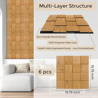 Checkerboard Acoustic Wall Panels – 6 Pack Golden Teak 3D Sound Absorbing Wall Panels 15.7” x 15.7” for Home & Apartment Interior Design, Checker Pattern Soundproof Decor Panels