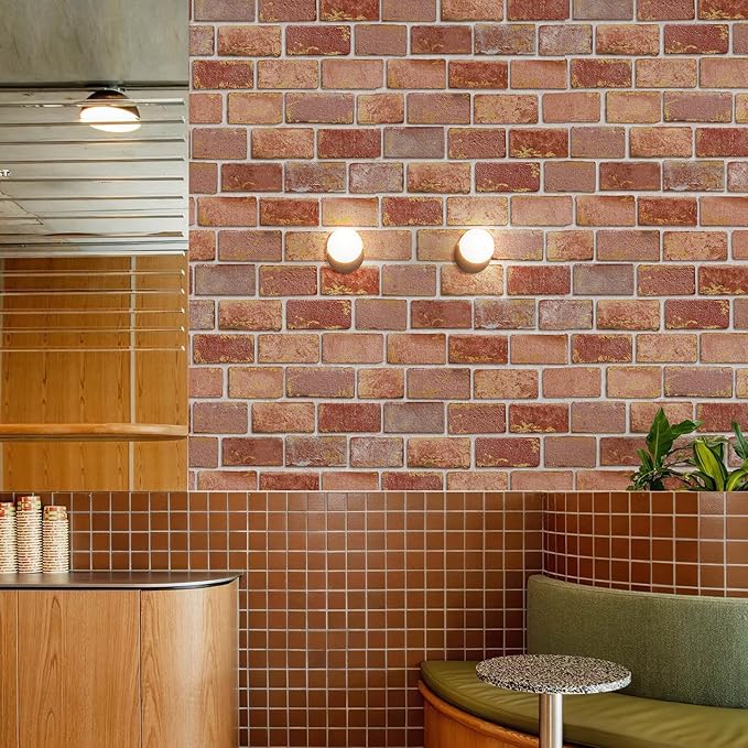 JiffDiff Brick Wallpaper Peel and Stick, Removable Vintage Self Adhesive Wallpaper Renter Friendly Textured Stick on Wallpaper Contact Paper （17.3" x 200" Red Brick）