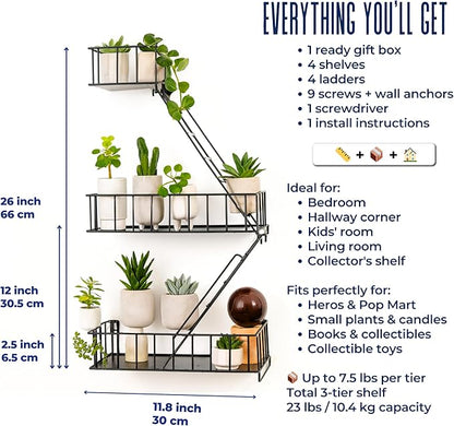 Fire Escape Wall Shelf – New York Decorative Floating Shelf – Wall Art Ladder Shelf – Black Metal Trinket Shelves for Bedroom, Home, Office, Storage and Display (2.5-Tier)
