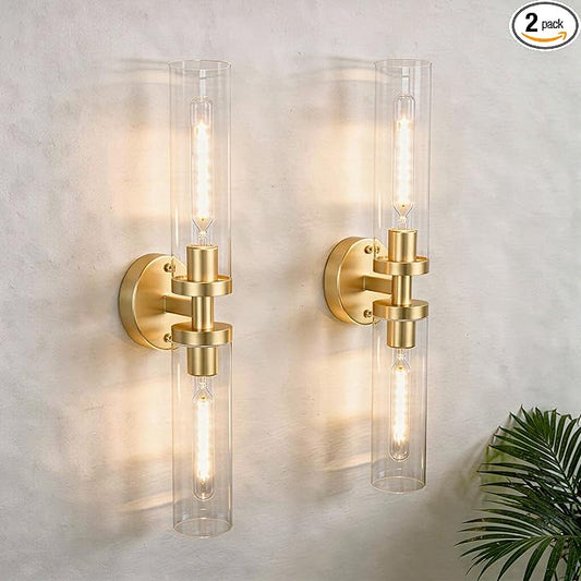 Wall Sconces 2-Pack, Hardwired Bathroom Light Fixtures, Modern Farmhouse Vanity Wall Lighting with Clear Glass Shades, E26 Base Wall Sconce Wall Lights for Bathroom Wall Decor, Gold