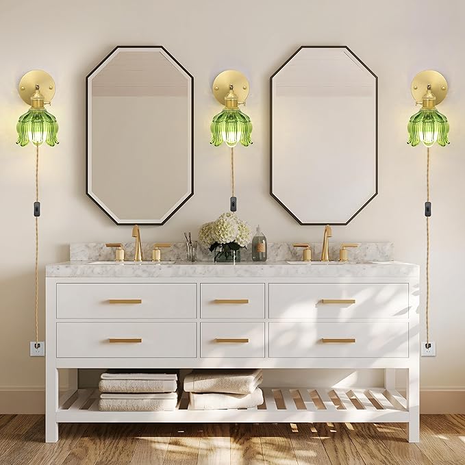 Plug in Wall Sconces Set of 2, Plug in Wall Lamp, Vintage Wall Light with Green Tulip Glass Lampshade, 3-Way Dimmable with Dual Switches, No Wiring Needed for Bedroom Wall Decor and Hallway