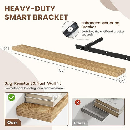 55 Inch Floating Shelves for Wall 2 Pack, 55" Wall Shelves for Books, Storage, Decor, Wall Mounted Floating Shelf with Invisible Brackets for Kitchen, Living Room, Light Brown