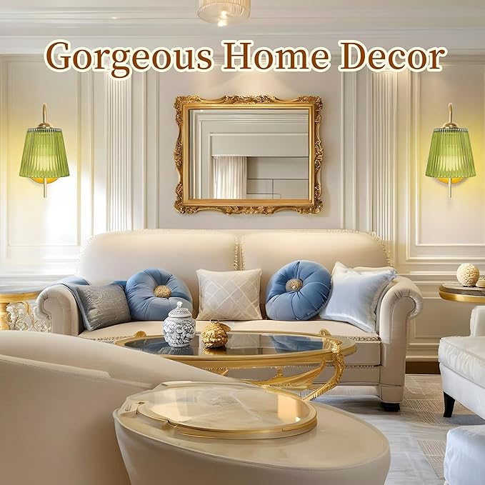 Vintage Battery Wall Sconce with Flower lampshade,Rechargeable Battery Powered Wall Lights,Wall lamp with 15 Colors for Bedroom Living Room Home Decor (Green Stripe, 2 Light Battery Operated)