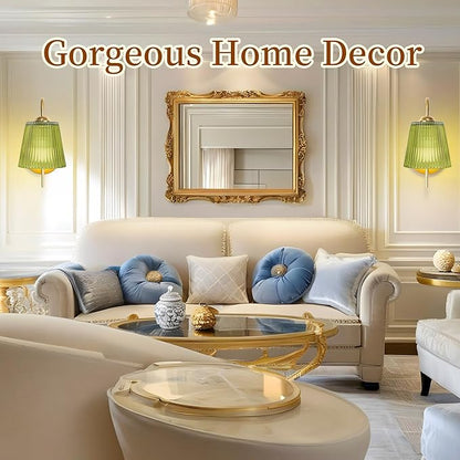 Vintage Battery Wall Sconce with Flower lampshade,Rechargeable Battery Powered Wall Lights,Wall lamp with 15 Colors for Bedroom Living Room Home Decor (Green Stripe, 2 Light Battery Operated)