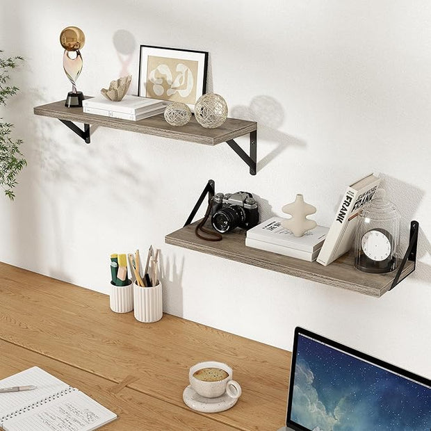 Floating Shelves, 8 Inch Deep Rustic Wood Wall Storage, 24W x 8D Wall Shelves Set of 2, Heavy Duty Metal Brackets, Industrial Book Shelf for Living Room, Kitchen, Bathroom, Bedroom, Grey