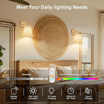 Frideko Swing Arm Rechargeable Battery Operated Wall Sconces Set of Two with Remote, RGB 15 Colors Dimmable Wall Light with Plastic Lampshade, 4 Timer Indoor Boho Wireless Sconce Lighting for Bedroom