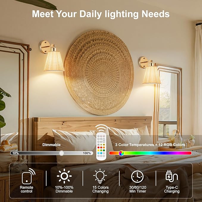 Frideko Swing Arm Rechargeable Battery Operated Wall Sconces Set of Two with Remote, RGB 15 Colors Dimmable Wall Light with Plastic Lampshade, 4 Timer Indoor Boho Wireless Sconce Lighting for Bedroom