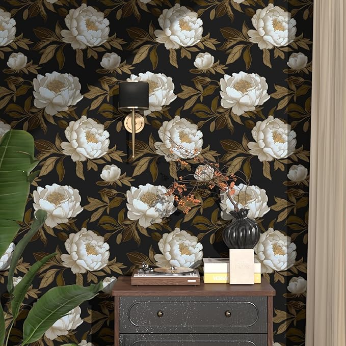 Peony Floral Wallpaper Peel and Stick Gold Leaf Contact Paper Modern Floral Wallpaper Self Adhesive Waterproof Boho Botanical Wall Paper for Room Shelves Cabinet Drawer Table Decor 17.5"x118"