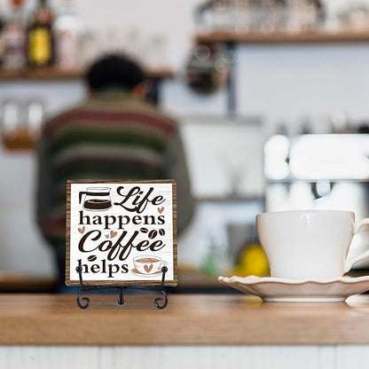 Coffee Bar Decor, Farmhouse Kitchen Table Decor, Coffee Station Accessories, Wooden Decorative Sign with Iron Stand for Table Desk Shelf Display-E24