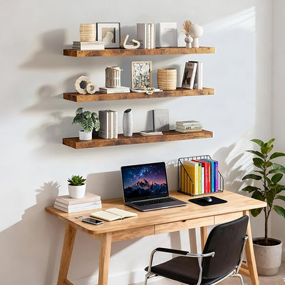 Merapi Set of 3 Floating Shelves 36 Inch Wall Mounted Solid Wood Shelves for Bathroom Kitchen Living Room Bedroom & Office - Brown Natural Wood Texture Easy Installation