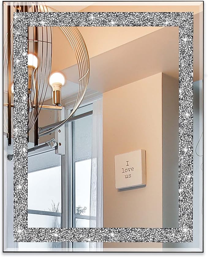 Ruomeng Rectangular Wall Mirror, 16" x 20", Crystal Crush Diamond, Bathroom, Entryway & Bedroom