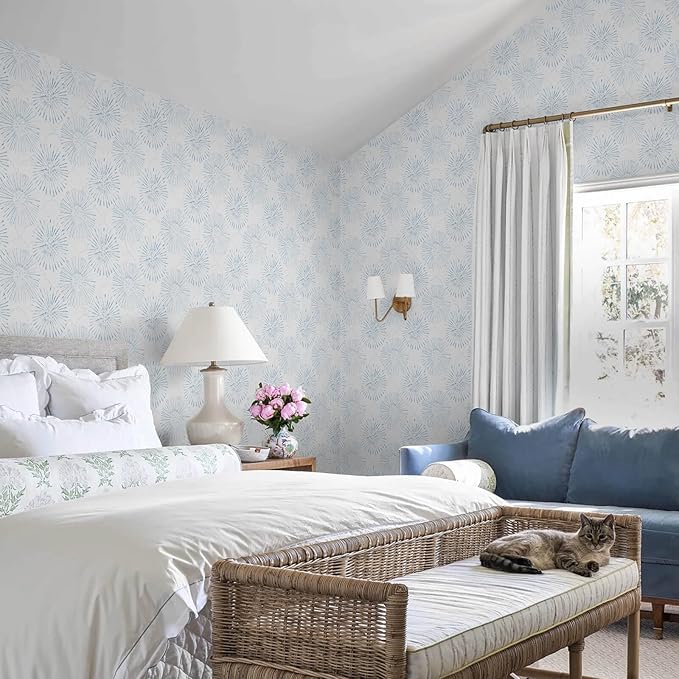 Boho Wallpaper Blue Wall Paper Peel and Stick Modern Blue and White Geometric Fireworks Contact Paper Renter Friendly Self-Adhesive Removable Bathroom Bedroom Laundry Room 17.3" × 197"