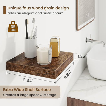 Square Floating Shelves for Wall, 9.25"W x 9.25"D x 1.25"H, 3 Pack Small Wall Mounted Engineered Wood Shelves with Invisible Brackets for Living Room, Bedroom, Bathroom, Kitchen Decor, Rustic Brown