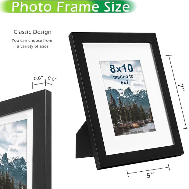 FrameWorks 8x10 mat to 5x7 Classic Wooden Picture Frames Tempered Glass/Black / 6-Pack