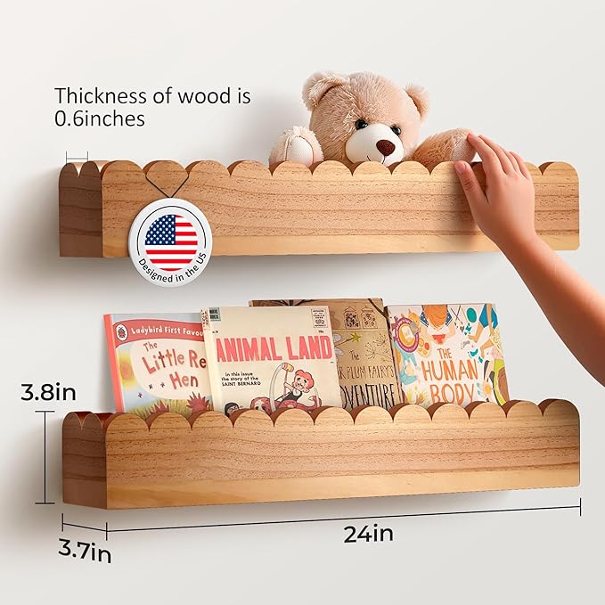 Floating Nursery Book Shelves (Set of 2), Scalloped Book Shelf - Kids Wall Bookshelf, Nursery Decor, Floating Shelves for Wall (24 inches Length), Scalloped Wall Shelf