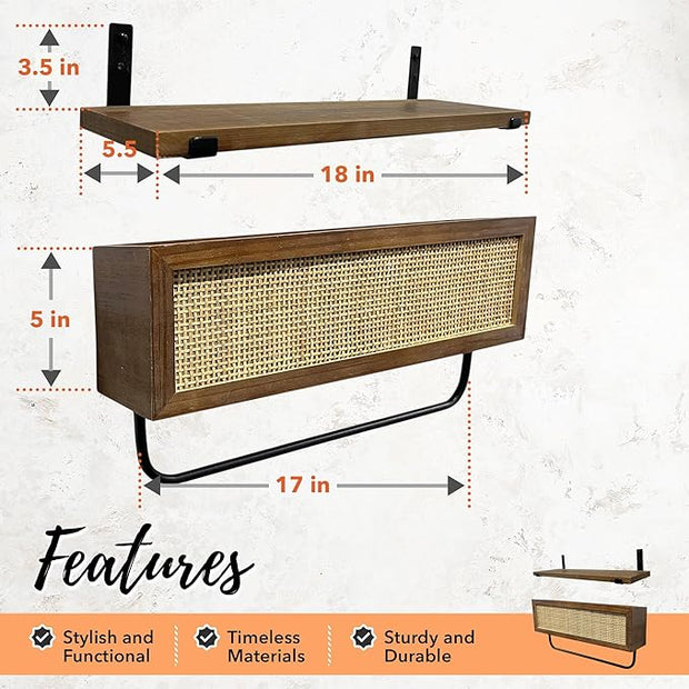 Autumn Alley Modern Organic Floating Shelves for Bathroom – Above Toilet Shelves with Rattan Basket Caning Organizer, Wood Floating Shelf Storage, Wall Shelves Bathroom Décor, 3 Tier