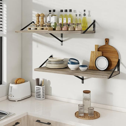Floating Shelves, 12 Inch Deep Rustic Wood Wall Storage, 24W x 12D Wall Shelves Set of 2, Heavy Duty Metal Brackets, Large Industrial Book Shelf for Living Room, Kitchen, Bedroom, Grey