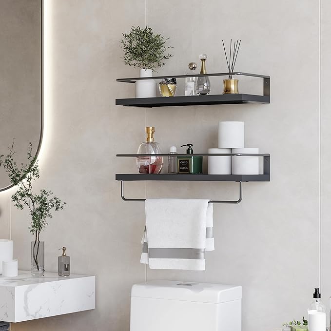 Onlysky Bathroom Floating Shelves Set of 2 with Towel bar (Black Black)