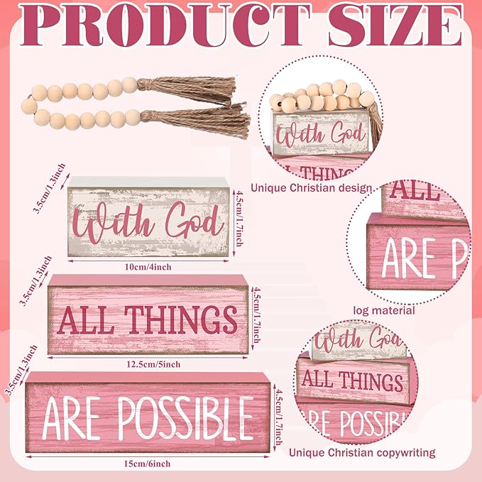 4 Pcs Christian Table Decor Pink Rustic Wooden Block Sign Set with God All Things are Possible Farmhouse Stacked Decor with Beaded Garland Tassel Christian Home Decors for Office, Shelf