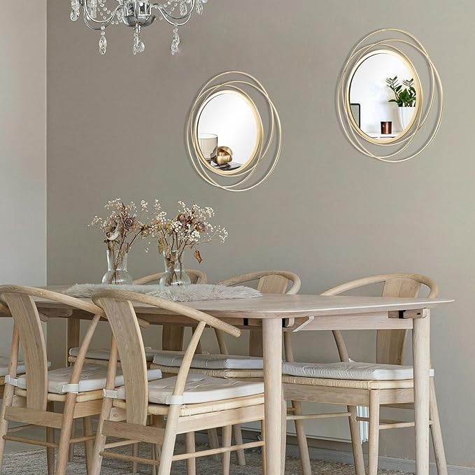 Cityelf 2 Set 13.3'' Gold Circle Mirrors Wall Decor Iron Frame Round Wall Art Hanging for Living Room/Bedroom/Bathroom/Entryway (Medium Size 13.3 inch)