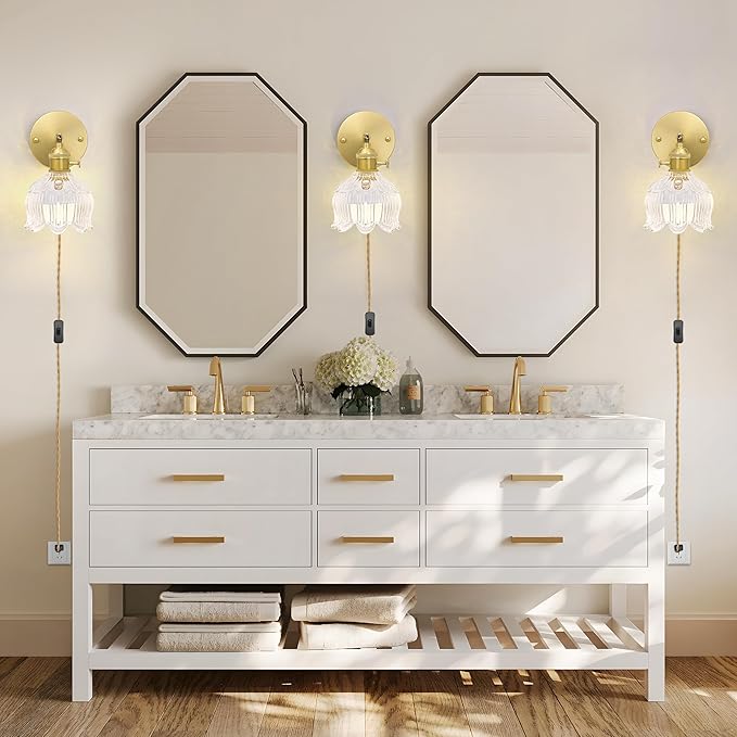 Plug in Wall Sconces,Plug in Wall Lamp, Vintage Wall Light with Clear Tulip Glass Lampshade, 3-Way Dimmable with Dual Switches, No Wiring Needed for Bedroom Wall Decor and Hallway
