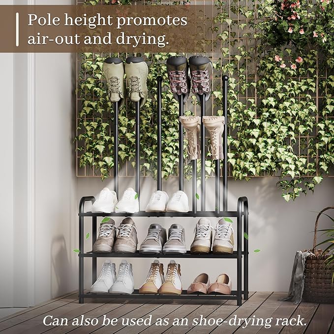 Shoe Rack - 3-Tier Metal Boot Rack Organizer for Entryway, Closet & Garage, Free Standing Shoe Shelf for Storage Tall Boots, Sneakers, Cowboy Boots, Black (Medium - 6 Pairs)
